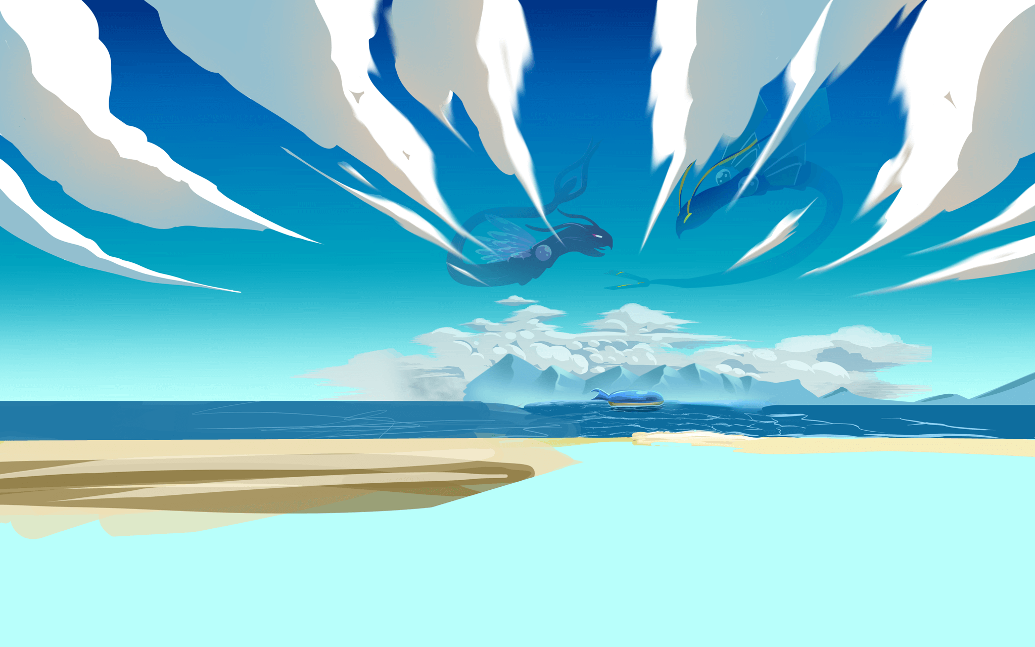 Fond avec l'océan et 2 Pokémon dans le ciel