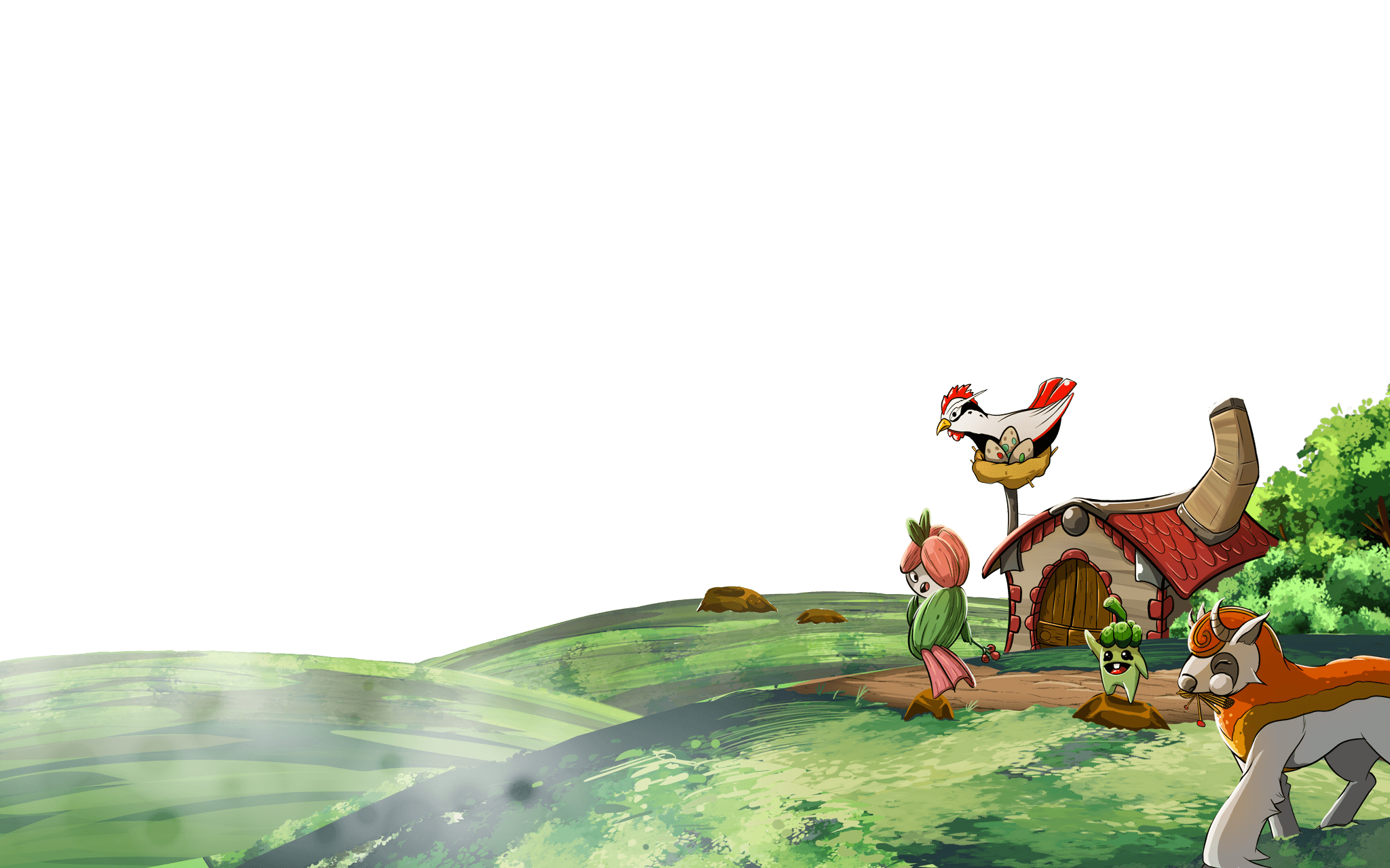 Plaine avec des Fakemons comme Moutefeu, Grainmais et Goshura